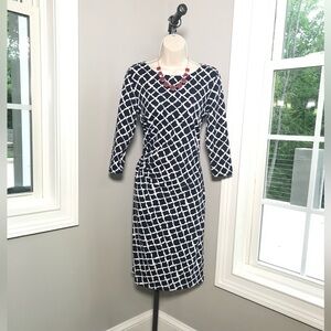 J McLaughlin Navy Blue & White Sheath Dress  ~ Women’s Small  $210